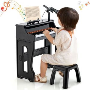 GOPLUS Piano Enfant 37 Touches avec Microphone Clavier de Piano avec Pupitre Amovible Tabouret Max50KG pour Enfants 3 Ans+ Noir