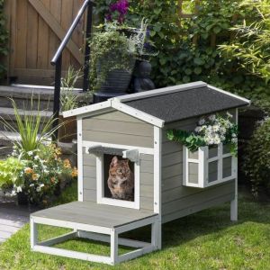 Niche Maison pour chat avec terrasse & balcon adaptée chiens - 115x665x747cm - Design sapin gris & blanc