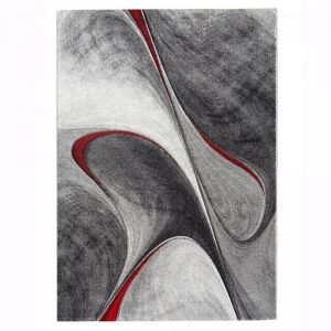 tapis salon 160x160 tiss&eacute; rouge et gris carr&eacute; motif g&eacute;om&eacute;trique LYN8 MADILA