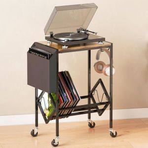Meuble platine vinyle &agrave; roulettes-Rangement 100 albums2 niveauxbois & m&eacute;tal32x45x65 cm