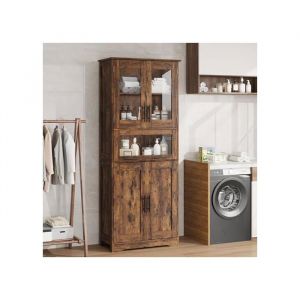 LUNSY Armoire de Salle de Bain Colonne avec Tiroir vitr&eacute;es &Eacute;tag&egrave;res R&eacute;glables Compartiments 60 x 30 x 170 cm Marron