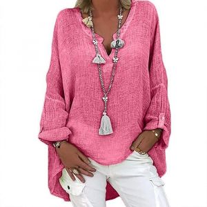 Chemisier Femme Coton Lin Eté Chic Manches Longues Oversized Lin Blouse Tunique Casual Col V - Susenstone - Rose
