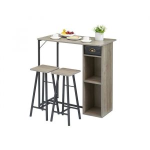Ensemble table et tabourets de bar avec 1 table et 2 chaises table de cuisine avec 2 &eacute;tag&egrave;res et 1 tiroir 91x50x90 cm Gris
