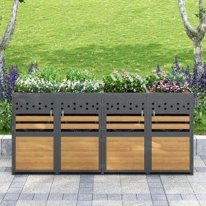 Cache Poubelle Ext&eacute;rieur - 4x120-240L - Acier Galvanis&eacute; - Toit Plantable - Anti-Rouille