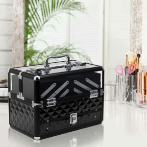 Mallette de Maquillage Coffre Cosm&eacute;tique Bo&icirc;te &agrave; Maquillage Valise trolleyn cosm&eacute;tique vanity poign&eacute;e t&eacute;lescopique r&eacute;glable noir