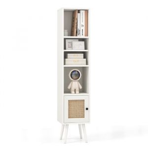 GIANTEX Biblioth&egrave;que Armoire de Rangement avec Porte en Rotin &Eacute;tag&egrave;re R&eacute;glable Pied en Bois de Pin 295 x 295 x 137 cm Blanc