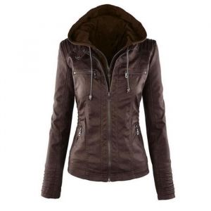 FUNMOON Blouson Femmes Bomber En Simili Cuir Fermeture &Eacute;clair Motard Hooded Tops Capuche Court Moto
