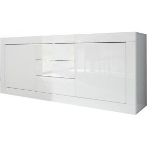 Buffet BASICO 2 Portes 3 Tiroirs Blanc Laqu&eacute; brillant  - L210xP42xH858 cm