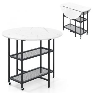 GIANTEX Table &agrave; Manger Pliante avec 2 Roulettes Etag&egrave;res &agrave; 2 Niveaux Plateau en effet marbre Cadre en M&eacute;tal 100x100x80cm Blanc