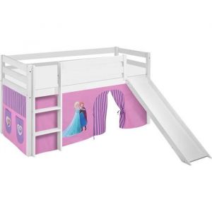 Lit surélevé ludique JELLE Frozen lilas - LILOKIDS - blanc laqué - avec rideaux et toboggan - 90x200 cm