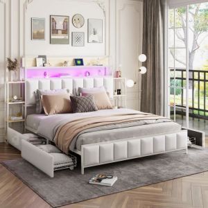 Lit Adulte - REDOM - 160x200cm - Simili Cuir Blanc - 4 Tiroirs - Éclairage LED - 2 Places