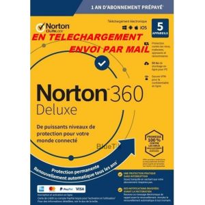 Avec CB - NORTON 360 DELUXE 2024 avec Abonnement - 5 Appareils PC MAC Android - 1 AN - 50GB CLOUD - Envoyé par email - ESD