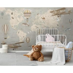 Papier Peint soie Chambre Enfant 300&times;210cm 3D Effet G&eacute;ographie Cartes Carte du Monde Carte de la Terre Plan&egrave;te pour Gar&ccedil;on Fille