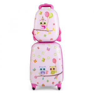 COSTWAY Valise Enfant à Roulettes 16’’ + Sac à dos 12’’ Ensemble de Bagage Enfants avec Motif Hibou Voyages en Avion Rose