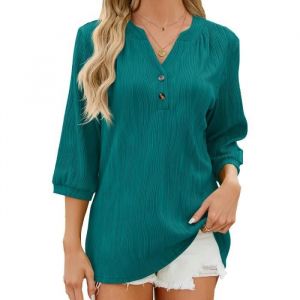 T-Shirt Femme - INSFITY - Col V Boutons - Manches 3-4 - Été Bleu