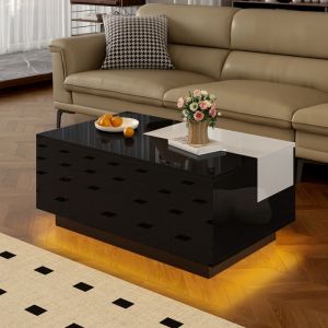 Table basse 80x50 cm avec LED RGB Bluetooth 16 couleurs plateau extensible tiroir rangement soft-close MDF noir/blanc
