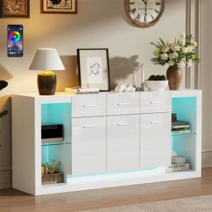 Buffet Bahut Salle &agrave; Manger Blanc Laqu&eacute; 160 cm avec LED 3 Tiroirs Compartiments Ouverts Verre &Eacute;tag&egrave;res Meuble Rangement Salon