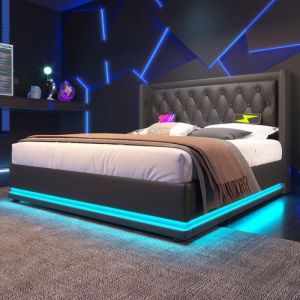 Lit 180x200 cm - Simili cuir noir - Tête capitonnée - Coffre hydraulique - Éclairage LED - Ports USB-C