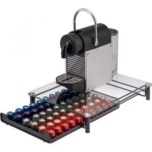 LIWI-Bo&icirc;te &agrave; capsules de caf&eacute; pour 60 bo&icirc;tes &agrave; caf&eacute; Nespresso tiroir m&eacute;tal et plateau en verre porte-capsule distributeur [690]