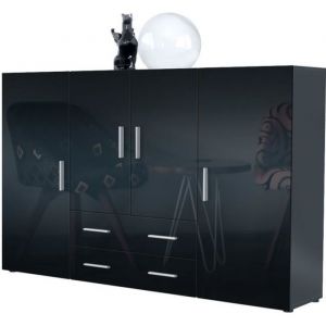 Vladon Buffet haut Nora meuble avec 8 compartiments et 2 tiroirs caisson en Anthracite mat façades en Noir haute brillance