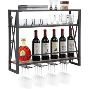 GOPLUS Casier à Vin Mural avec 4 Porte-Verre à Pied Étagère de Rangement à 3 Niveaux pour Cuisine Bar 80 × 20 × 63cm Marron
