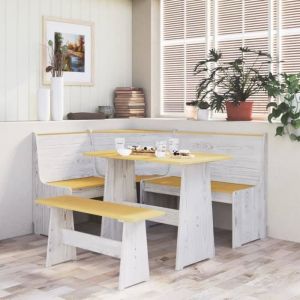 Table à manger - CSY - avec banc - Bois massif - Blanc - 100x60x73 cm