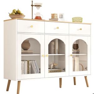 Buffet Bahut bas 3 tiroirs et 3 portes LEXLIFE - L 120 x P 34 x H 94&nbsp;cm - Pour salon ou salle &agrave; manger - Blanc