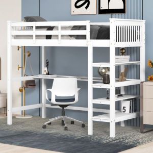 Lit mezzanine - Blanc - 90x200 cm - Bureau intégré - Étagères - 1 place