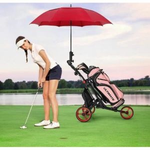 GYMAX Chariot de Golf Pliable à 3 Roues en Aluminium avec Poignée Réglable Roue Arrière avec Frein et Porte-Parapluie Rouge