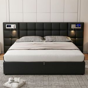 Lit coffre 180 x 200 cm lit adulte lit capitonn&eacute; avec port USB. recharge sans fil et lampe lumineuse PU noir sans fond