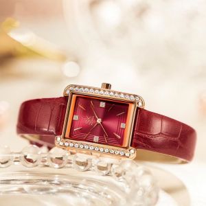 Montre femme marque de luxe diamants 2021 quartz simple &eacute;tanche rectangulaire bracelet vrai cuir rouge - Top qualit&eacute;