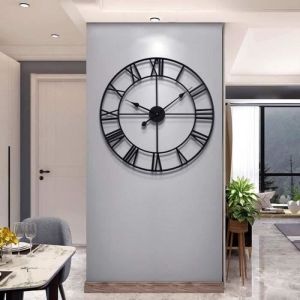 Grande Horloge Murale Ronde de Style VintageMétalFonctionne à PileChiffres Romains NoirsHorloges pour CuisinChambre-45 cm