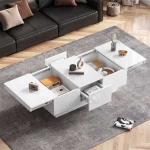 Table Basse Salon avec Rangement - Bois - Blanche - Scandinave Design- Transformable - 2 Compartiments Cachés - 2 Tiroirs