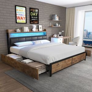 Cadre de Lit Adulte 140×200cm - OKWISH - Lit 1 Place avec LED 4 Tiroir et Tête de Lit de Stocage - Cadre en Métal - Noir