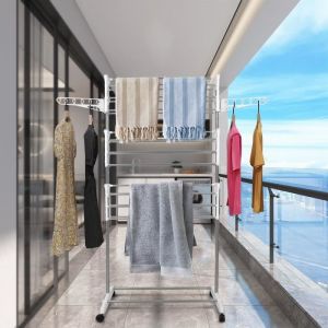 GRUS S&eacute;choir &agrave; linge inox &agrave; 3 niveaux &eacute;tendoir gris &eacute;tendoir pliable avec deux tiges hauteur: 158 cm