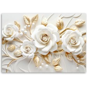 Tableau Décoration Murale 3D Fleur - 60x40 cm - Peinture sur toile - fleurs blanche avec feuille dor - effet de relief 2 - Feeby