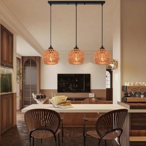 3 Lampes Suspension Industriel Lustre Vintage Abat-jour en Métal et Rotin Luminaire Rétro E27 Suspendue pour Salon Bar - SMOTOP