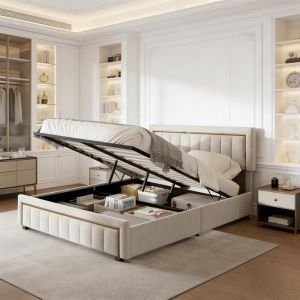 Cadre de lit 160x200 en velours avec rangement int&eacute;gr&eacute; t&ecirc;te et pied de lit &agrave; liser&eacute; dor&eacute; structure en lattes lit coffre Beige