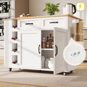 OKWISH Desserte de Cuisine 132x43x91cm - Avec Plan de Travail Pliable et Casier à Vin 2 Portes et 2 Tiroirs - Blanc