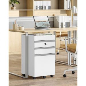 Caisson de Bureau Meuble de Bureau Casier sur roulettes Verrouillable avec 3 tiroirs Espace de Rangement suppl&eacute;mentaire Blanc