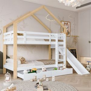 Lit superpos&eacute; maison 90x200 avec toboggan 2 tiroirs &eacute;chelle et barri&egrave;re &ndash; Pin/MDF blanc+naturel sans matelas