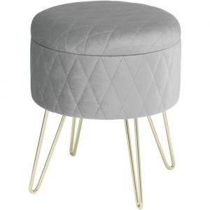 Pouf coffre rond WOLTU en velours gris clair avec espace de rangement et pieds en m&eacute;tal