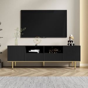 Meuble TV - Design Noir et Bois (L x p x h) 165x36x55 cm 2 Portes 2 Tiroirs Banc TV Buffet Salon Elegant