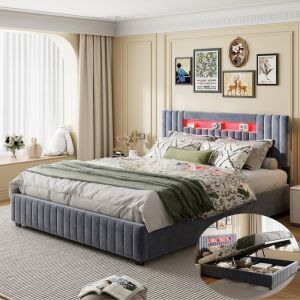 Lit Coffre 160 x 200 cm avec Sommier Lit Double Rangement avec LED Cadre de lit en velours gris Style scandinave