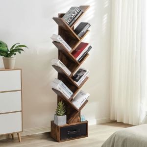 GIANTEX Bibliothèque sur Pied à 10 Niveaux avec Tiroir AmovibleÉtagère en Forme Arbre en BoisMeuble Rangement38x20x1495 cmCafé