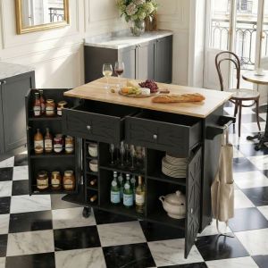 &Icirc;lot de Cuisine Central 120cm - Desserte &agrave; Roulettes Extensible - 2 Tiroirs Porte-&Eacute;pices & Range-Bouteilles - Plateau Bois - Noir