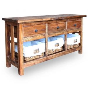 Buffet bas - Vintage - Bois de récupération massif - 3 tiroirs - 3 paniers en rotin - 100 x 30 x 50 cm