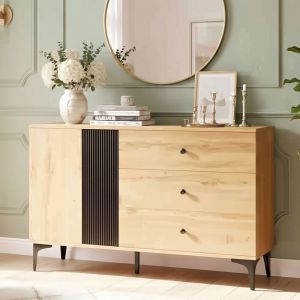 Buffet Bahut 120x35x76cm - 2 Portes 3 Tiroirs - Pieds M&eacute;tal - Grande Capacit&eacute; - Style Industriel - Bois Naturel et Noir