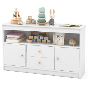 GOPLUS Etagère de Rangement de Jouets pour Enfants-2 Tiroirs2 Armoires Fermées1 Compartiment Ouvert106x30x62CM Blanc