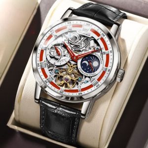 Montre homme de marque sport cadran squelette mode automatique mécanique bracelet en cuir multifonction affichage des phases de